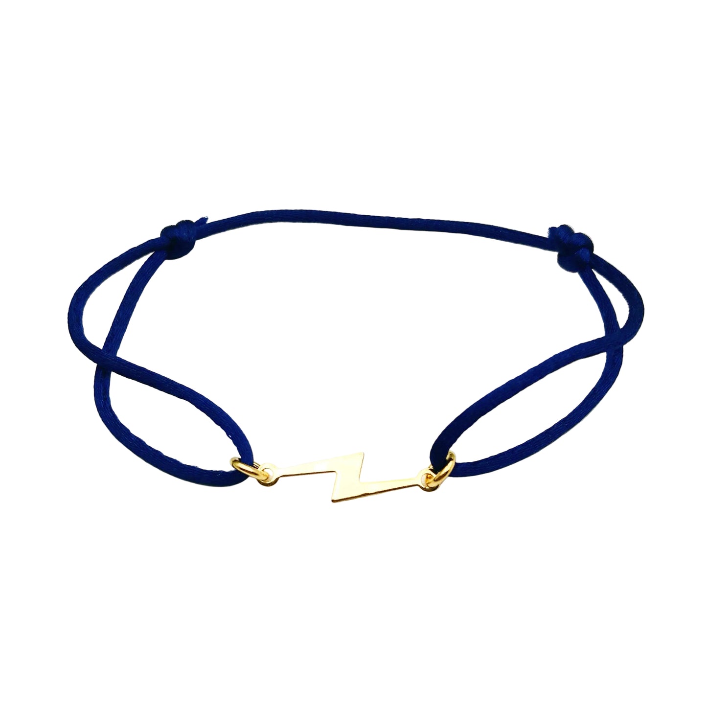 Minimalistische 14k gold filled bliksem bedel op een zijdezacht zwart satin cord; vakkundig vervaardigd voor een luxe en energieke uitstraling.