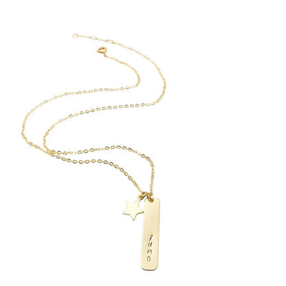 ster en tag gepersonaliseerde ketting - naam ketting met extra ster hanger - ster en tag gouden ketting - gepersonaliseerde ketting, personaliseer je ketting en meer sieraden online in de shop bij lux & luz