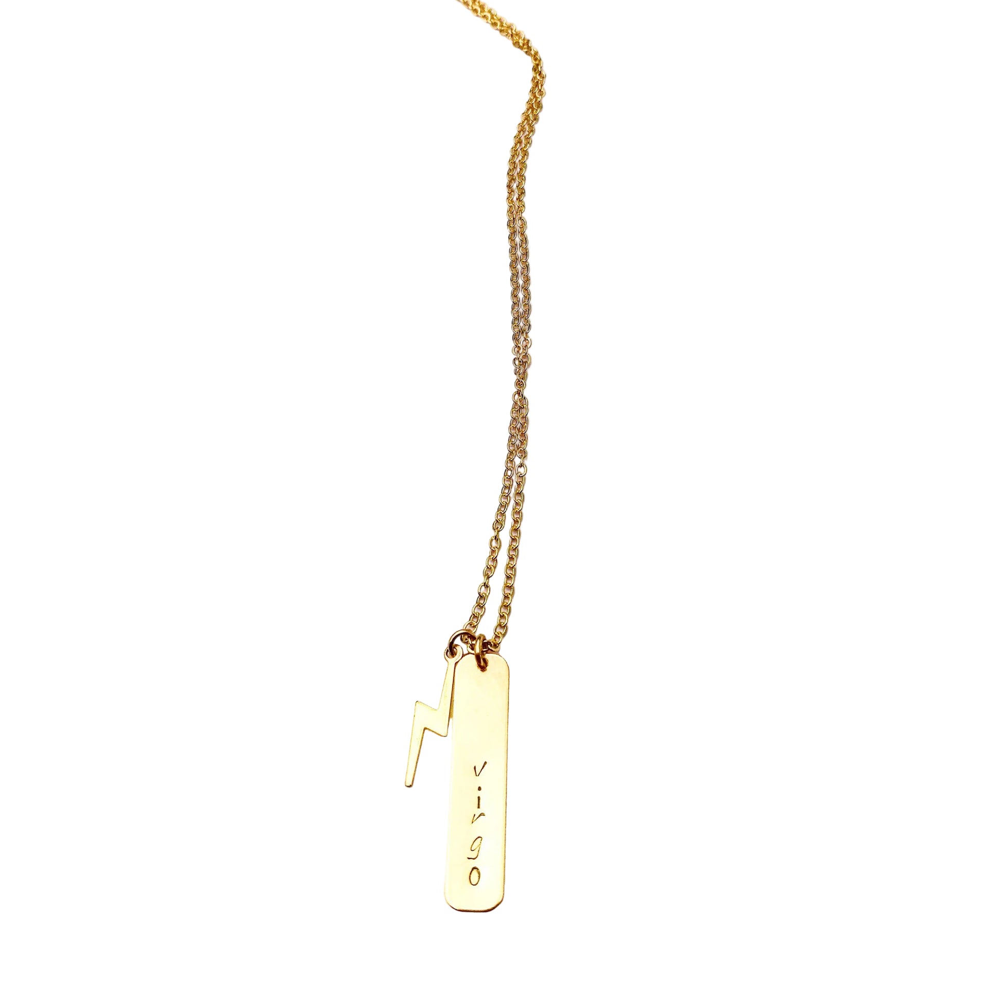 Gouden ketting met bliksem hanger en gepersonaliseerde naam-tag 14k gold filled